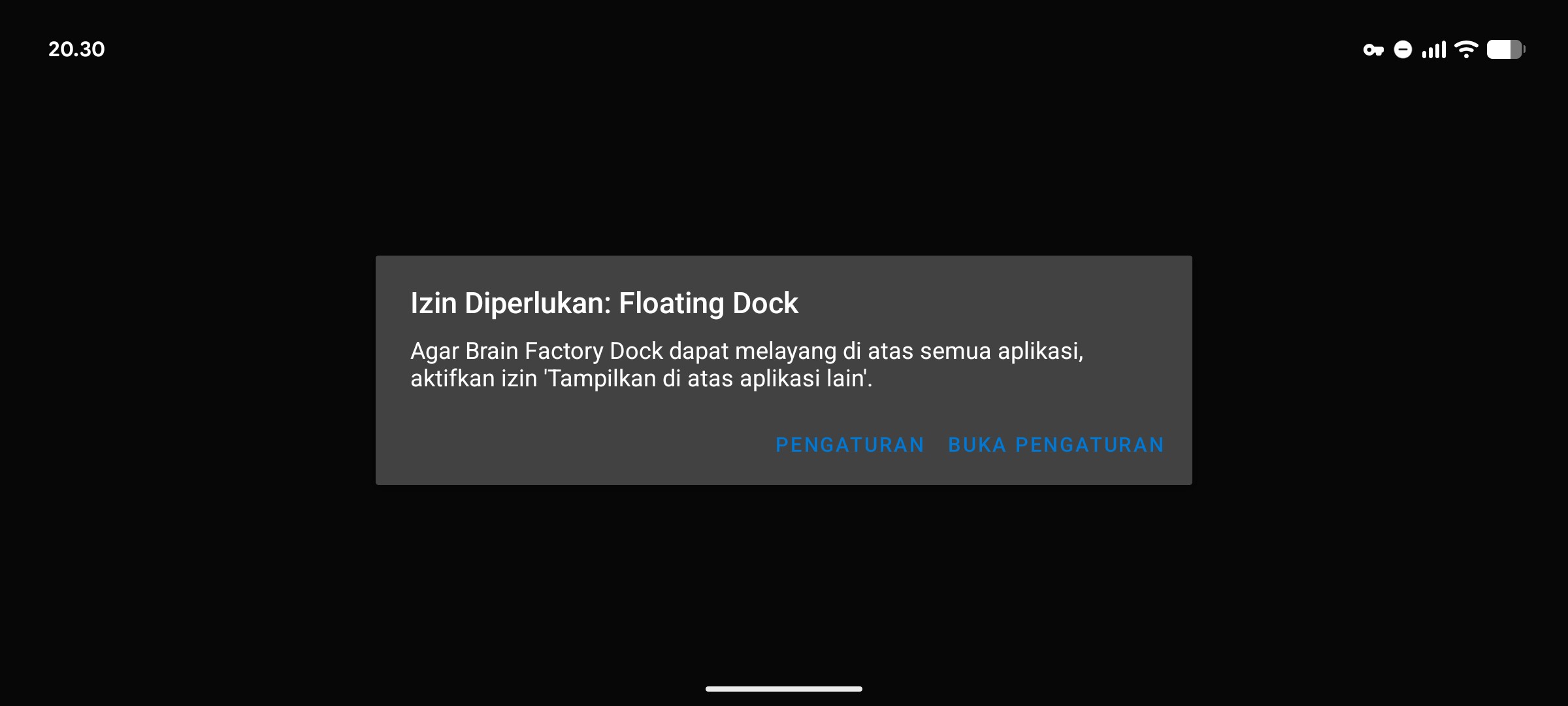 Dialog izin floating dock saat pertama kali app dibuka.