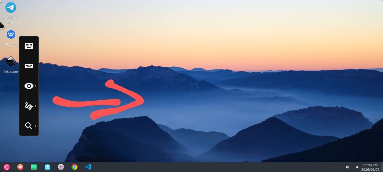 Desktop GXDE dengan panah merah menunjukkan usapan ke kanan dari tepi kiri untuk membuka toolbar kontrol
